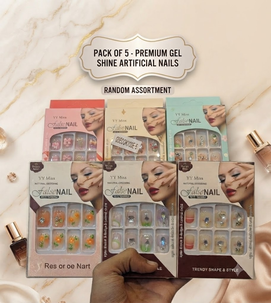 Pack of 5 Premium Gel Shine Artificial False Nails | Random Assortment Press-On Nails