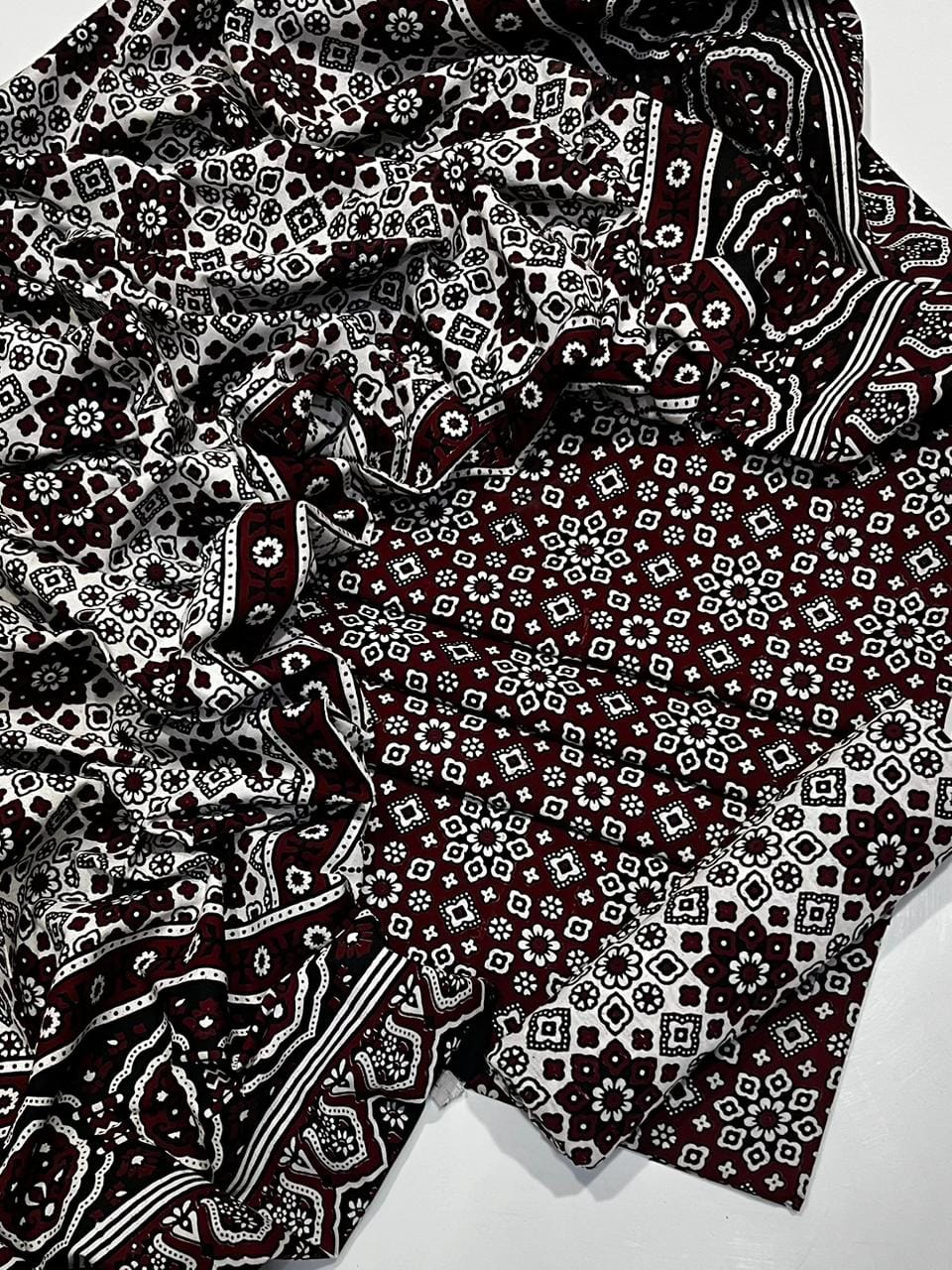 Traditional Allover Print Ajrak Cotton 3-Piece Unstitched Suit | Cultural Sindhi Print Dress