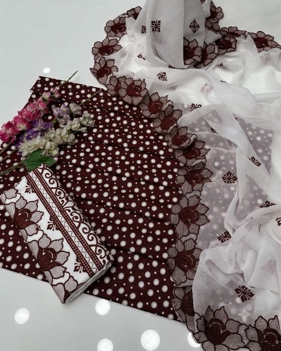 Elegant Polka Dot Cotton Lawn 3pc Suit with Cut-Work Embroidered Chiffon Dupatta