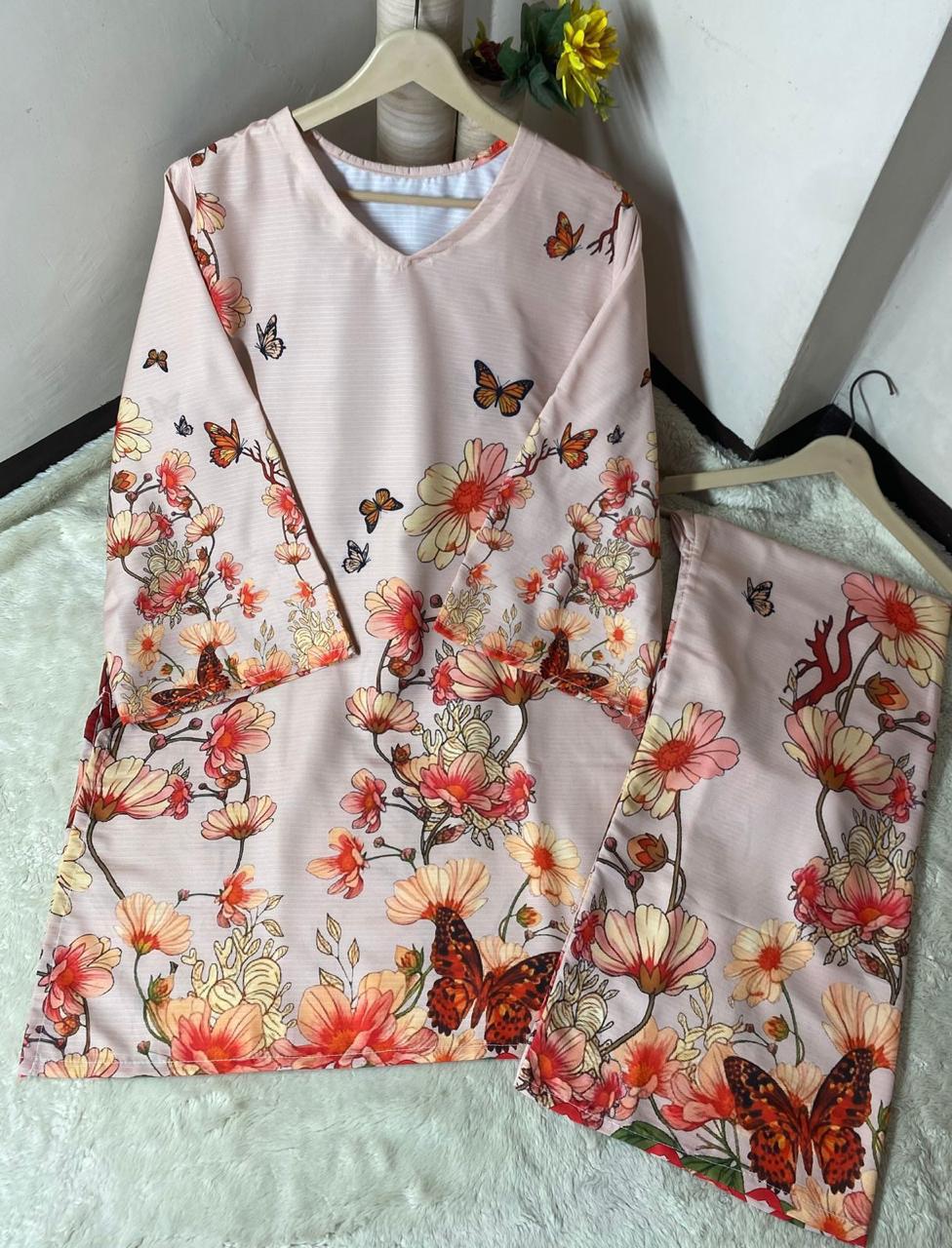 Readymade Digital Printed Doria Lawn 2-Piece Co-Ord Set – Blush Floral Butterfly