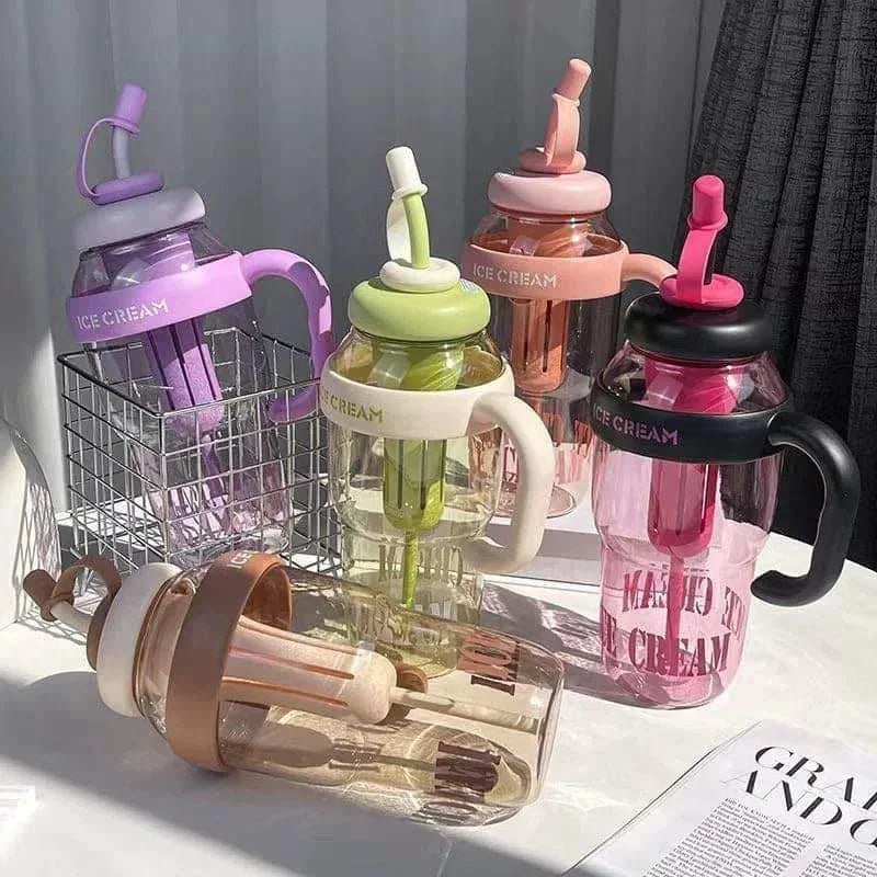 Cute Ice Cream Plastic Water Bottle with Straw & Handle (1400ml) – Large Capacity Cute Sipper