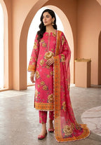 Premium Digital Printed Bana Dora 3-Piece Unstitched Suit – Floral Coral Red