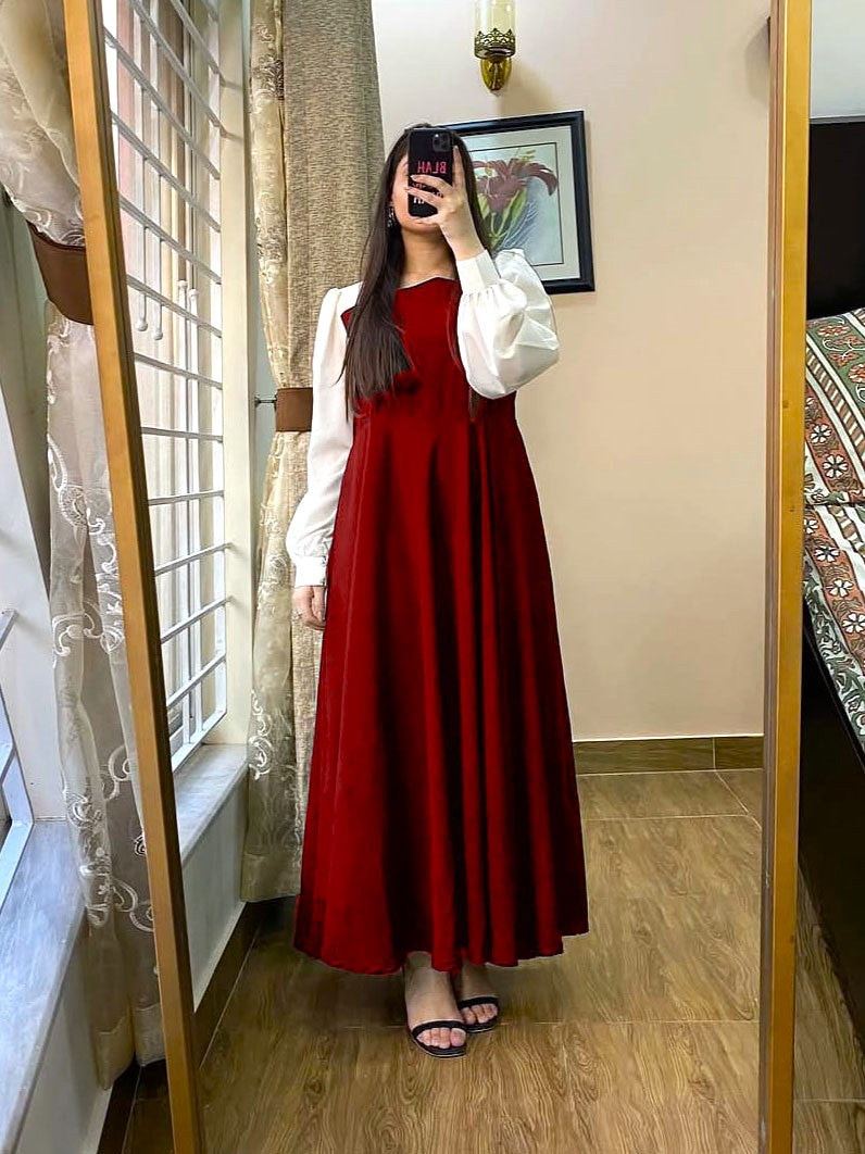 Pleated Maxi Dress with Contrast White Sleeves | Plain Georgette Long Dress