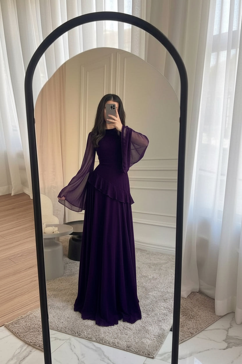 Royal Sapphire 2-Piece Korean Chiffon Ruffle Maxi Dress & Skirt Set