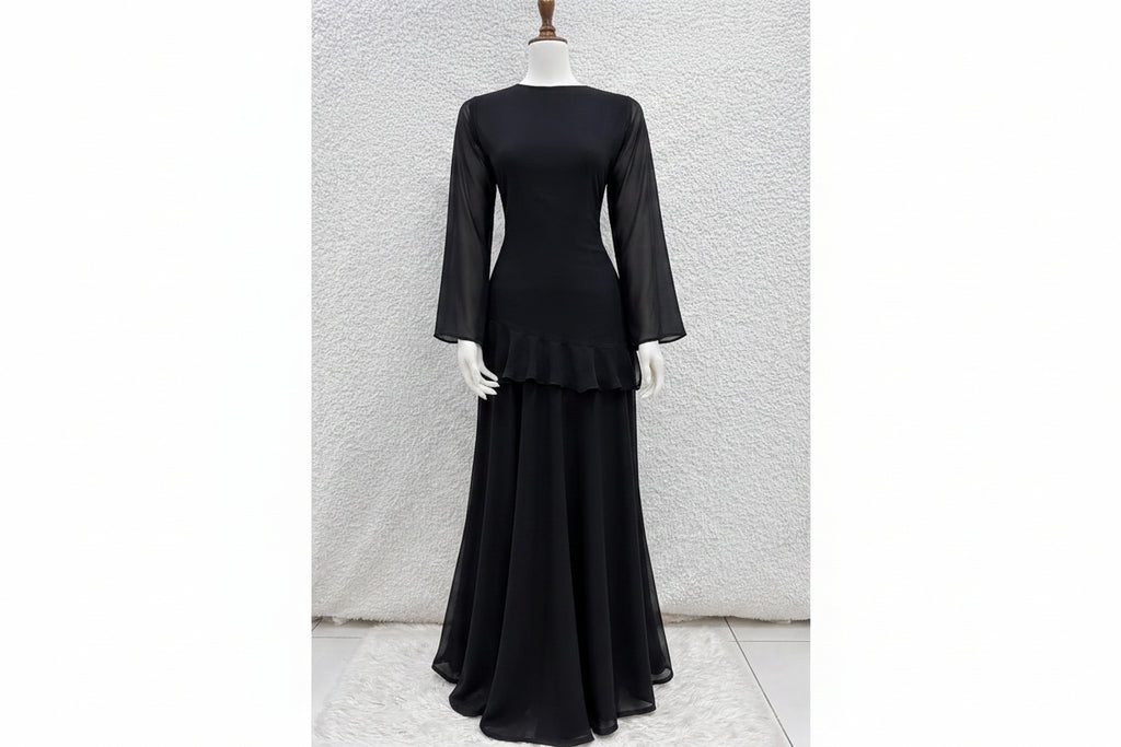 Royal Sapphire 2-Piece Korean Chiffon Ruffle Maxi Dress & Skirt Set