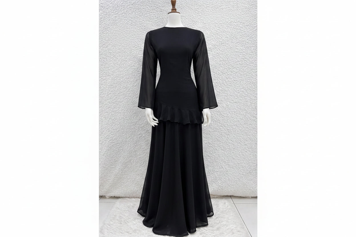 Royal Sapphire 2-Piece Korean Chiffon Ruffle Maxi Dress & Skirt Set