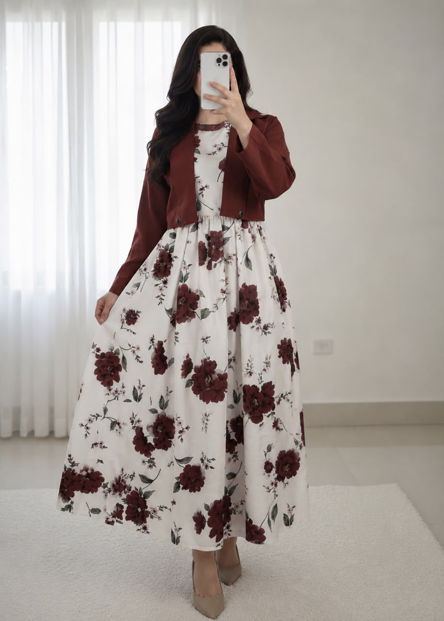 Elegant 2-Piece Floral Print Maxi Dress with Matching Cropped Jacket Set