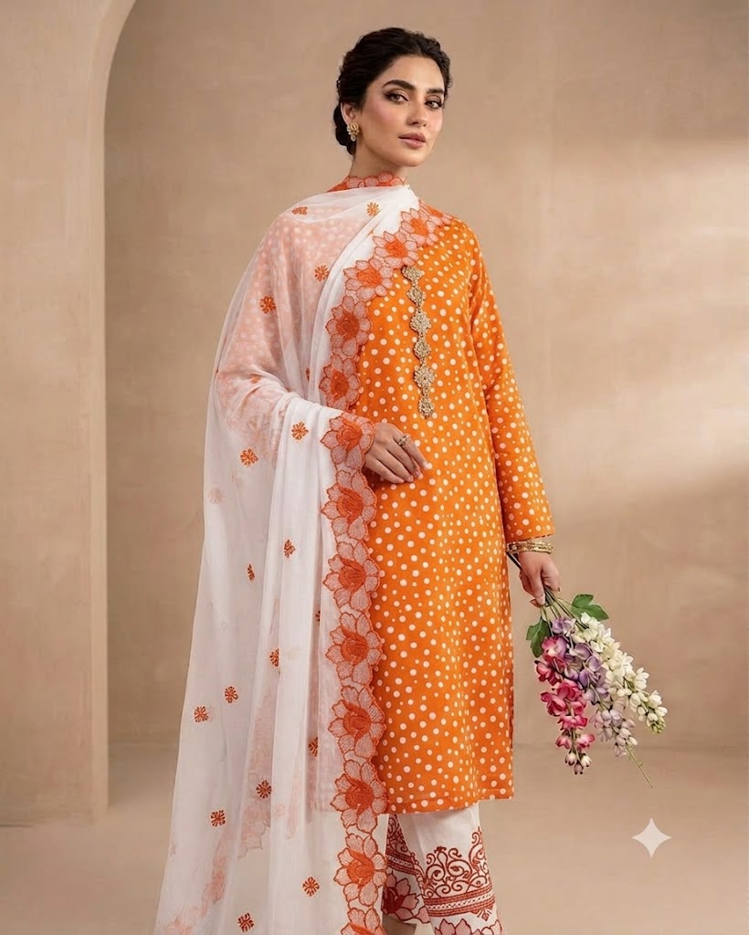 Elegant Polka Dot Cotton Lawn 3pc Suit with Cut-Work Embroidered Chiffon Dupatta