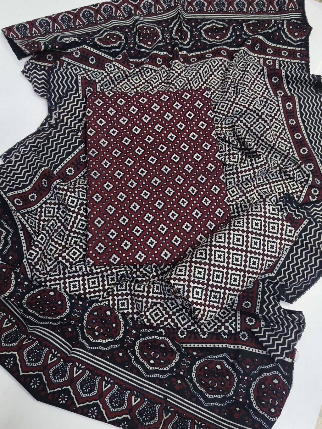 Traditional Allover Print Ajrak Cotton 3-Piece Unstitched Suit | Cultural Sindhi Print Dress