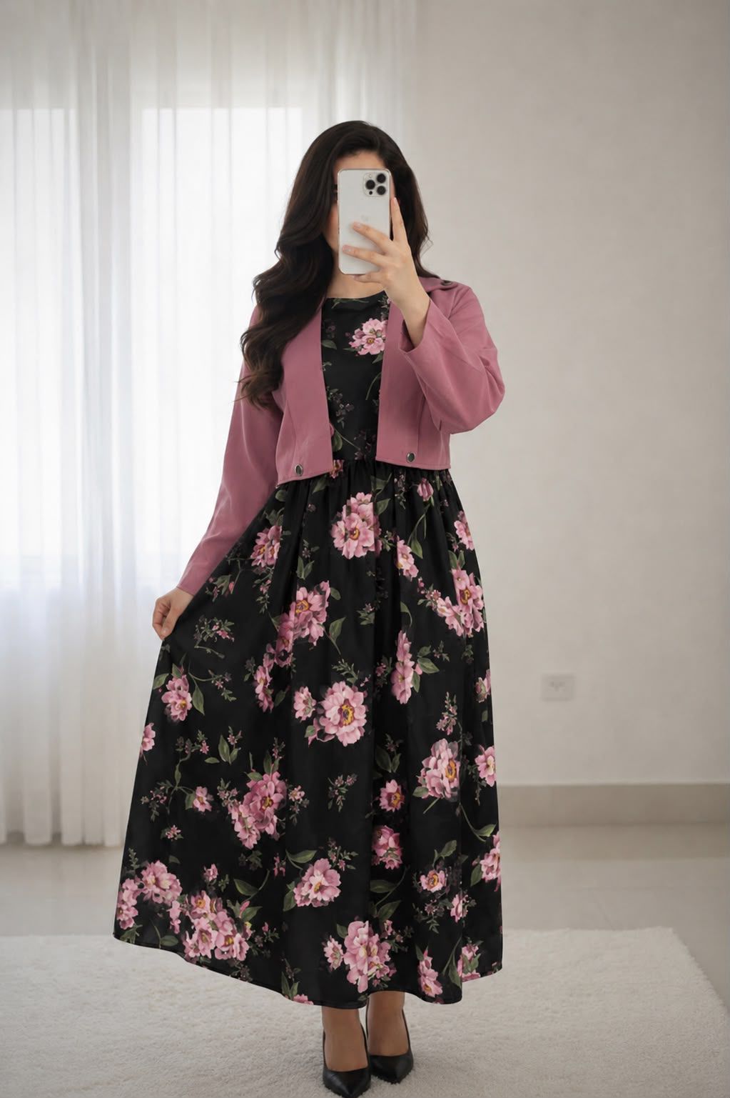 Elegant 2-Piece Floral Print Maxi Dress with Matching Cropped Jacket Set