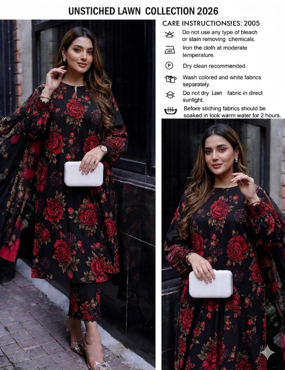 Unstitched Black Floral Lawn Printed 3 Piece Suit by Aneela's Collection