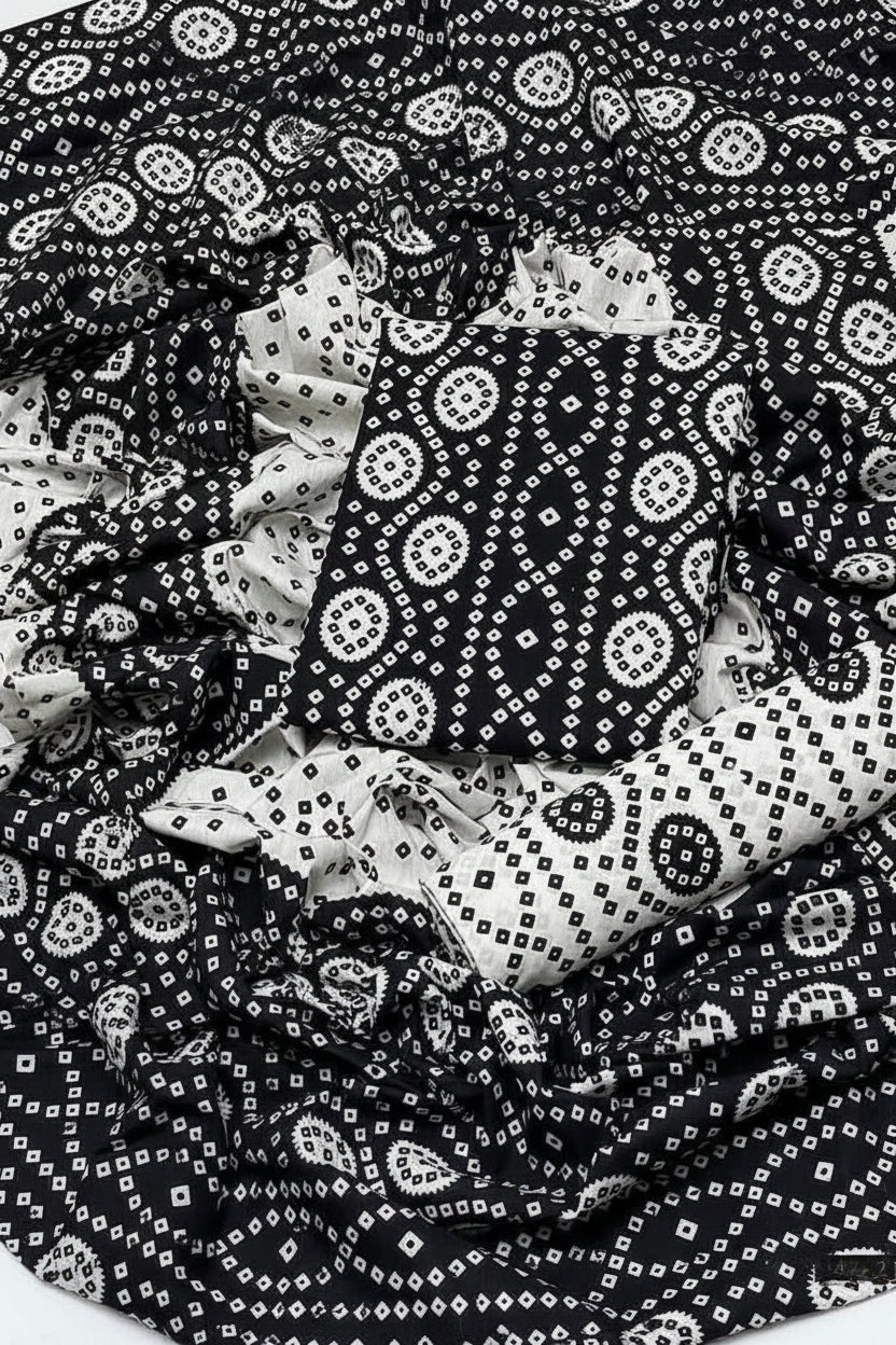 Traditional Black & White Allover Chunri Print Cotton 3-Piece Unstitched Suit | Ethnic Dress Material