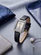 Elegant Stone Bezel Women's Rectangular Quartz Watch - Premium Leather Strap