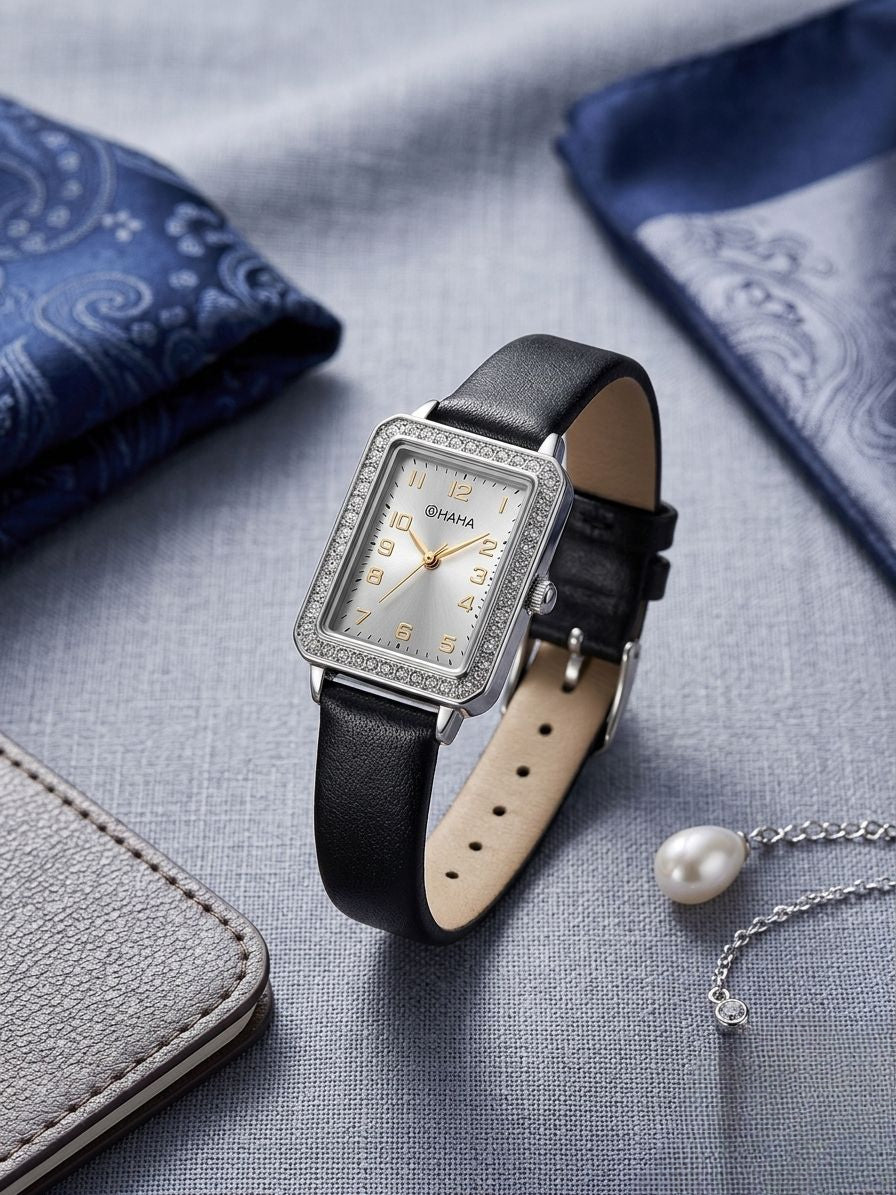 Elegant Stone Bezel Women's Rectangular Quartz Watch - Premium Leather Strap