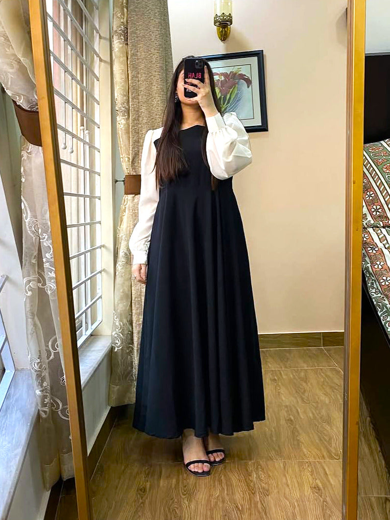 Pleated Maxi Dress with Contrast White Sleeves | Plain Georgette Long Dress