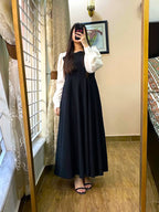 Pleated Maxi Dress with Contrast White Sleeves | Plain Georgette Long Dress