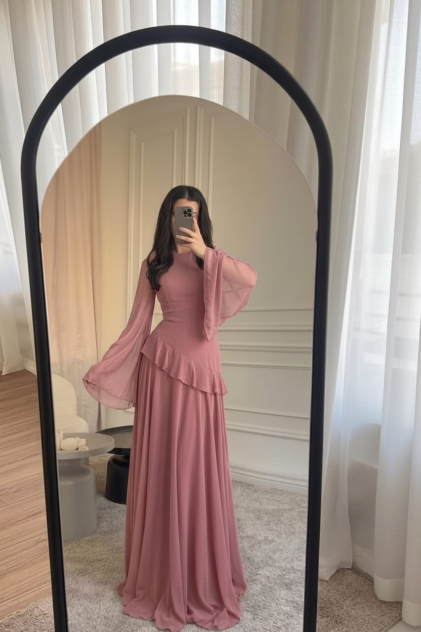 Royal Sapphire 2-Piece Korean Chiffon Ruffle Maxi Dress & Skirt Set
