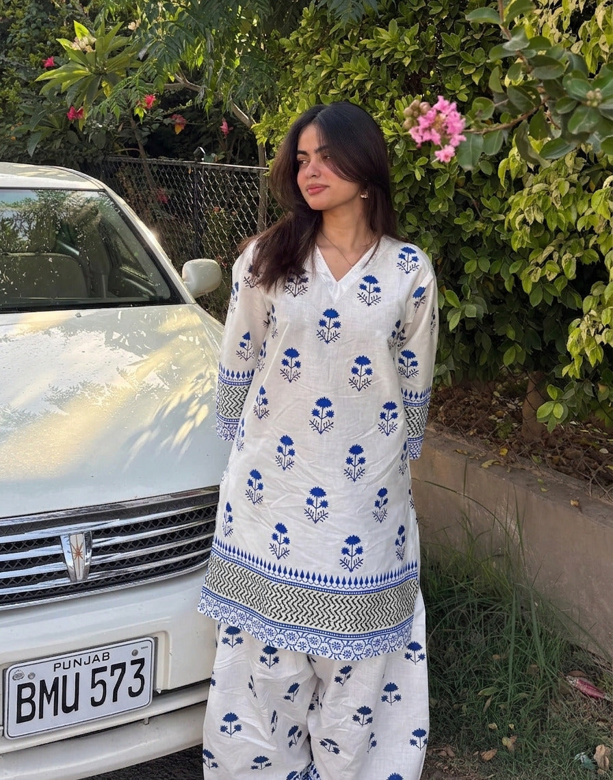 Front and Back Blueberry Printed Shirt with Farshi Shalwar 2-Piece Summer Cotton Suit