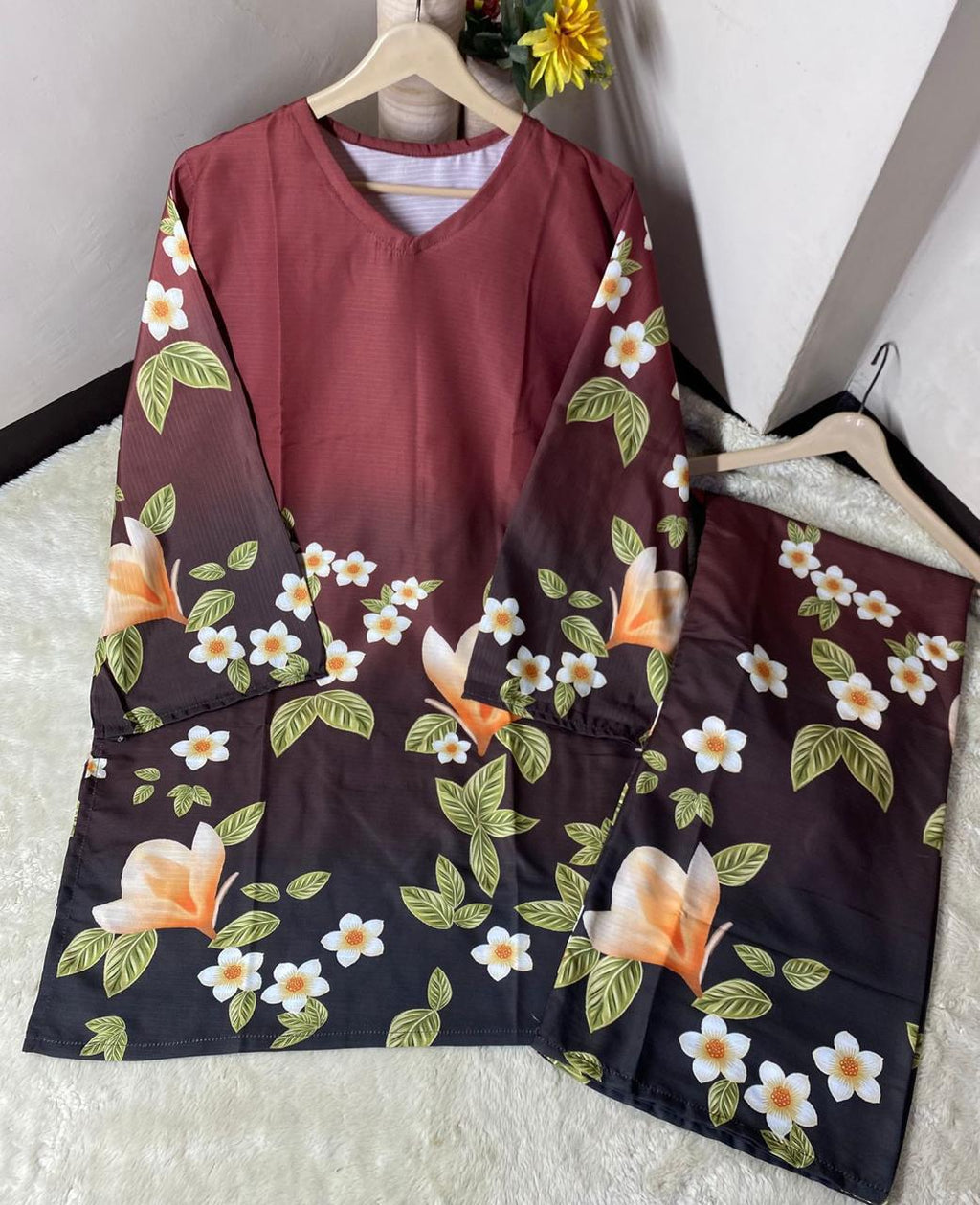 Readymade Digital Printed Doria Lawn 2-Piece Co-Ord Set – Crimson & Charcoal Gradient
