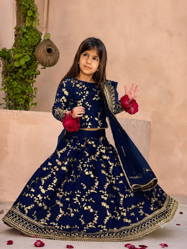 Kids 3-Piece Front Embroidered Silk Top with Skirt & Four-Side Embroidered Organza Dupatta