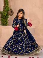 Kids 3-Piece Front Embroidered Silk Top with Skirt & Four-Side Embroidered Organza Dupatta