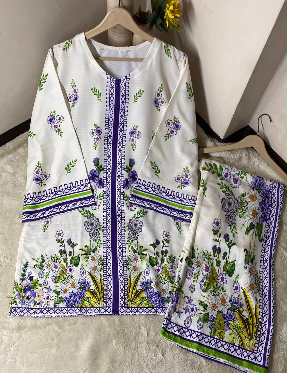 Premium Readymade Digital Printed Doria Lawn 2-Piece Co-Ord Set – Lavender Bloom Ivory
