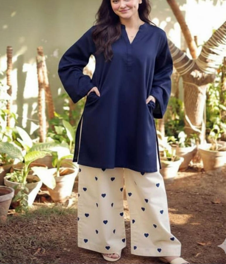 Readymade Romantic Heart Printed 2-Piece Cotton Co-Ord Set – Solid Tunic & Flapper Pants