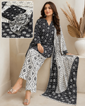 Traditional Black & White Allover Chunri Print Cotton 3-Piece Unstitched Suit | Ethnic Dress Material