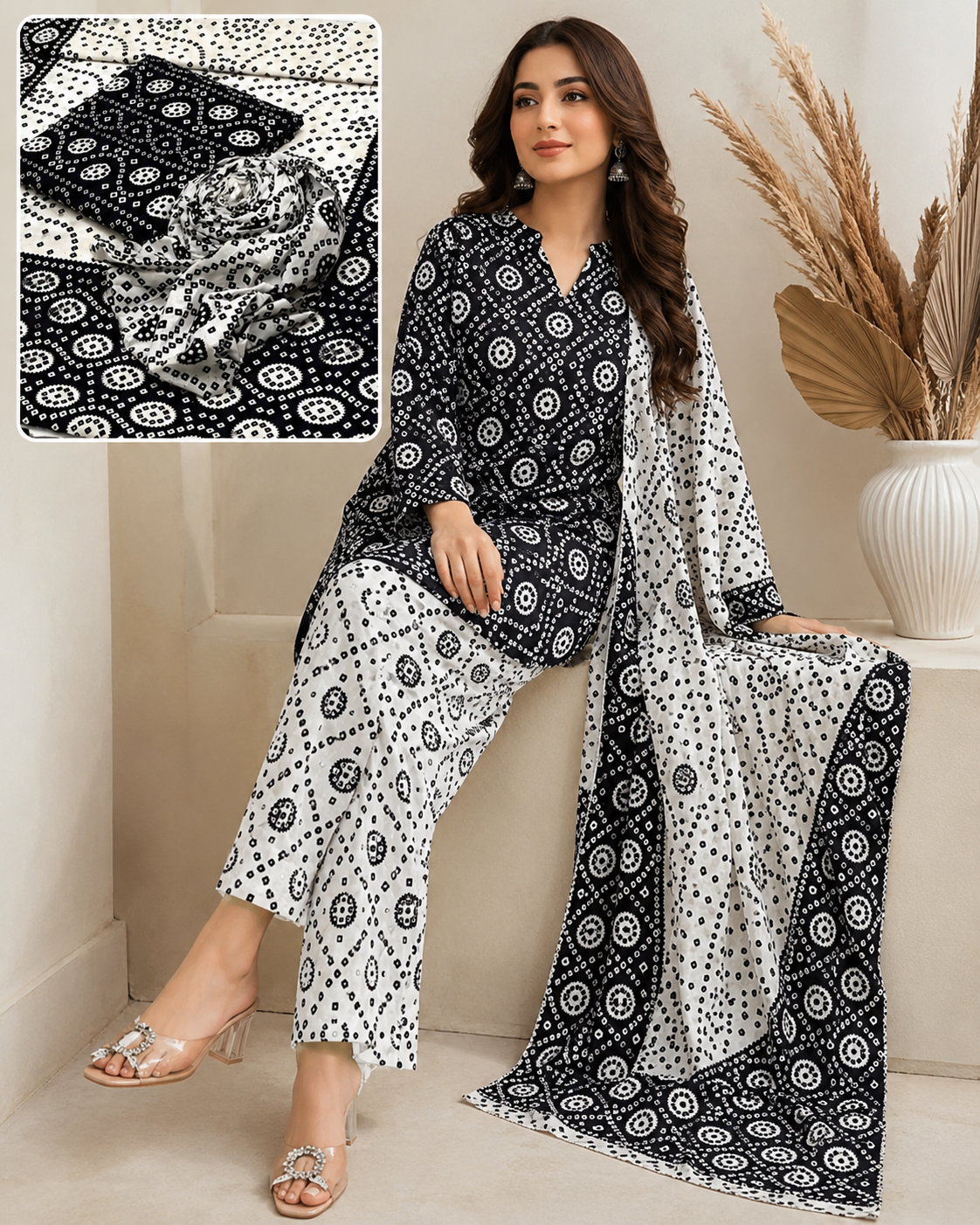 Traditional Black & White Allover Chunri Print Cotton 3-Piece Unstitched Suit | Ethnic Dress Material