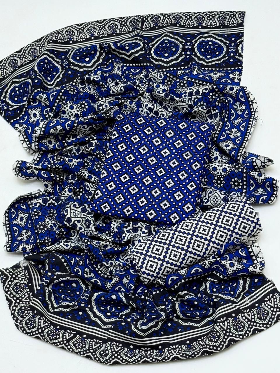 Traditional Allover Print Blue Ajrak Cotton 3-Piece Unstitched Suit | Cultural Sindhi Print Dress