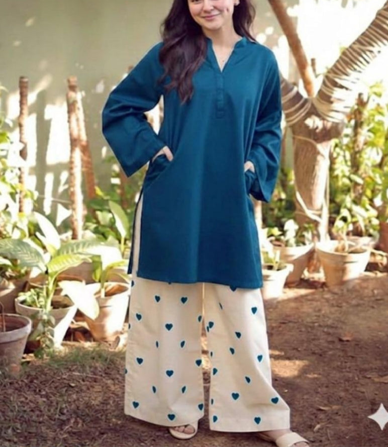 Readymade Romantic Heart Printed 2-Piece Cotton Co-Ord Set – Solid Tunic & Flapper Pants