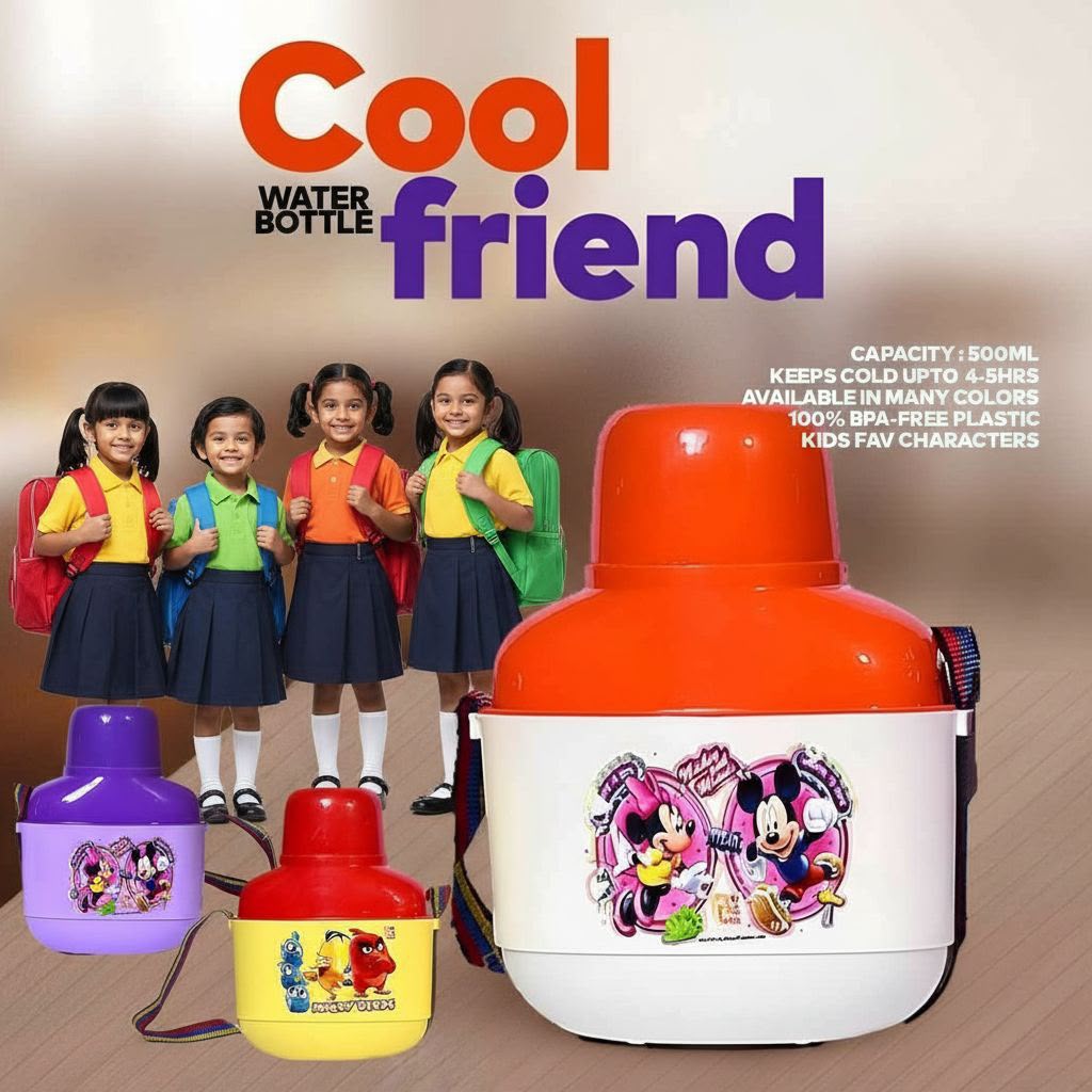 Kids HotnCold CoolFriend School Water Bottle with Cap | Medium Size Unbreakable Insulated Bottle (Mix/Random Colour)