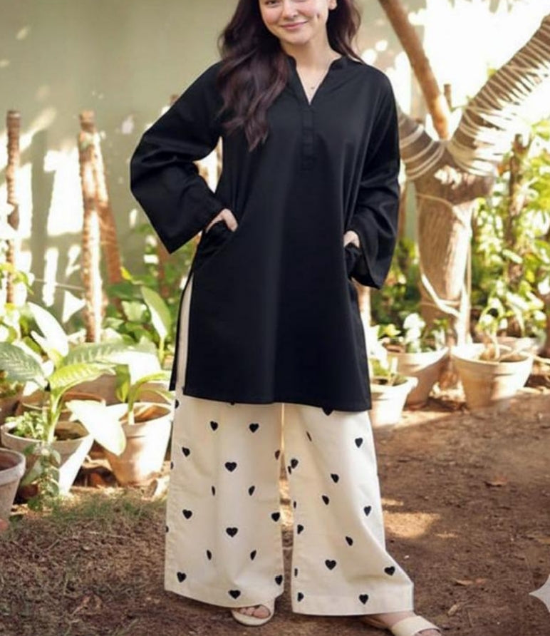 Readymade Romantic Heart Printed 2-Piece Cotton Co-Ord Set – Solid Tunic & Flapper Pants