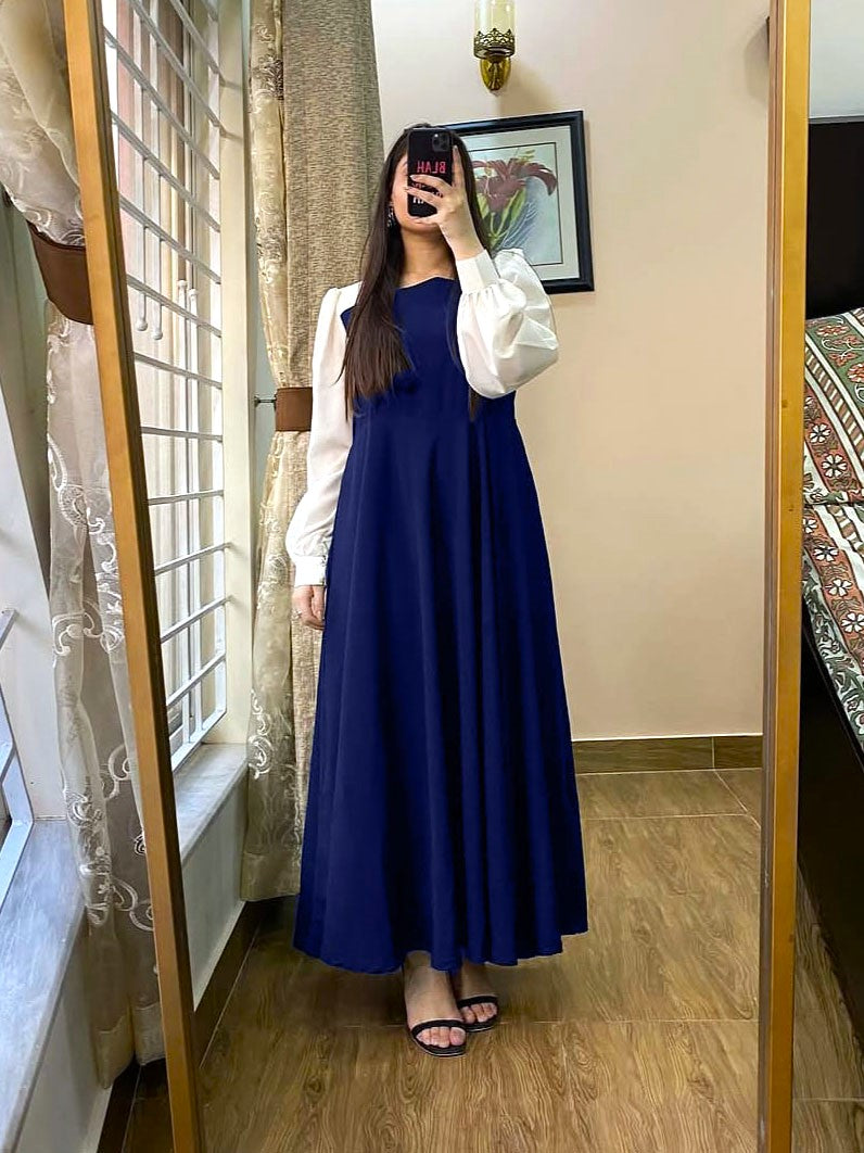 Pleated Maxi Dress with Contrast White Sleeves | Plain Georgette Long Dress