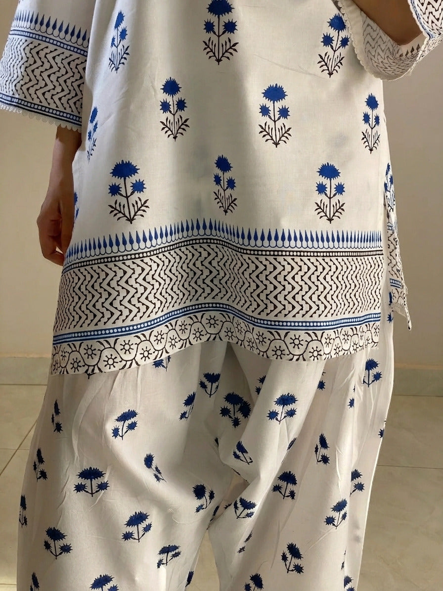 Front and Back Blueberry Printed Shirt with Farshi Shalwar 2-Piece Summer Cotton Suit