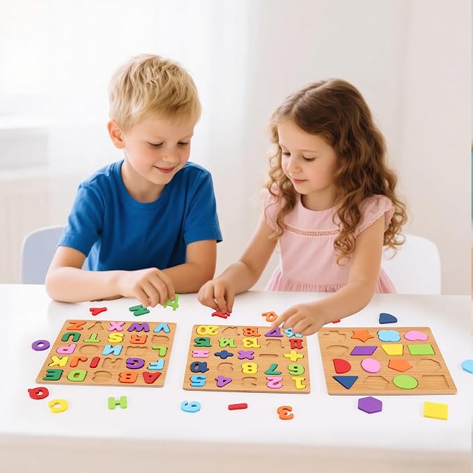 Pack of 3 - Kids Educational Wooden Puzzle Toy - Alphabet, Numbers & Shapes (1-5 Years)