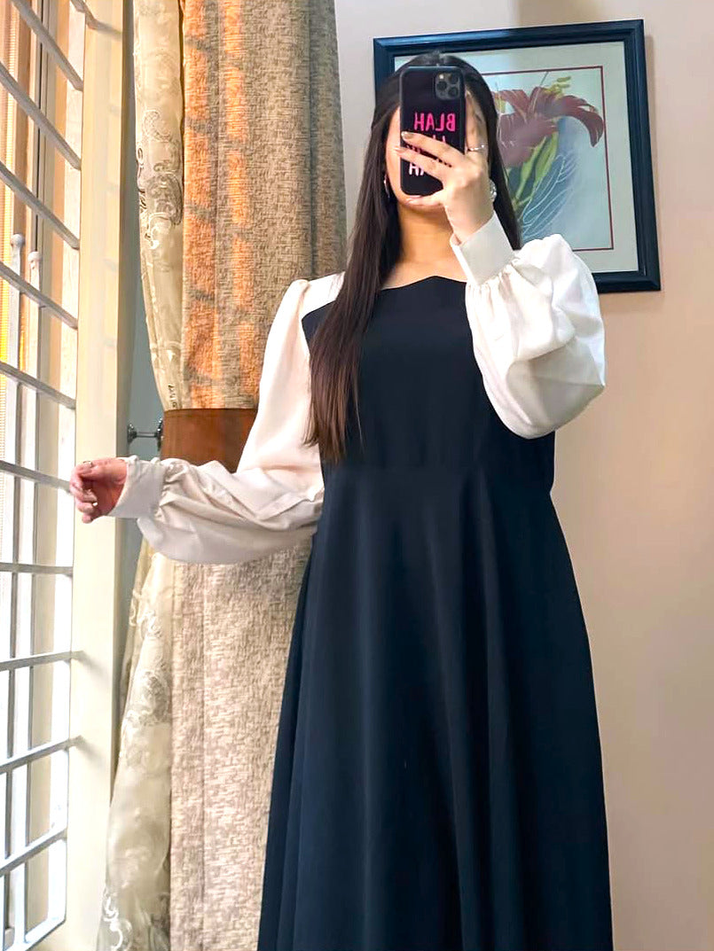 Pleated Maxi Dress with Contrast White Sleeves | Plain Georgette Long Dress