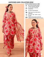 Floral Pink Unstitched Air Jet Lawn Printed 3 Piece Suit with Bamber Chiffon Dupatta
