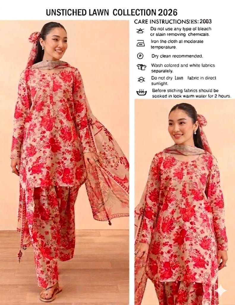Floral Pink Unstitched Air Jet Lawn Printed 3 Piece Suit with Bamber Chiffon Dupatta