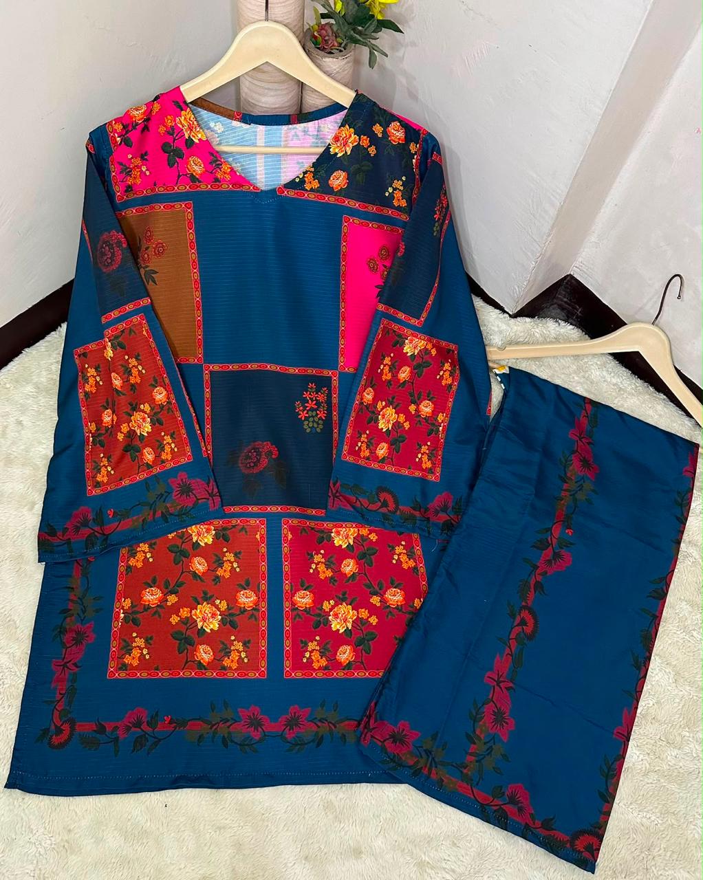 Premium Readymade Digital Printed Doria Lawn 2-Piece Co-Ord Set – Patchwork Floral Fusion