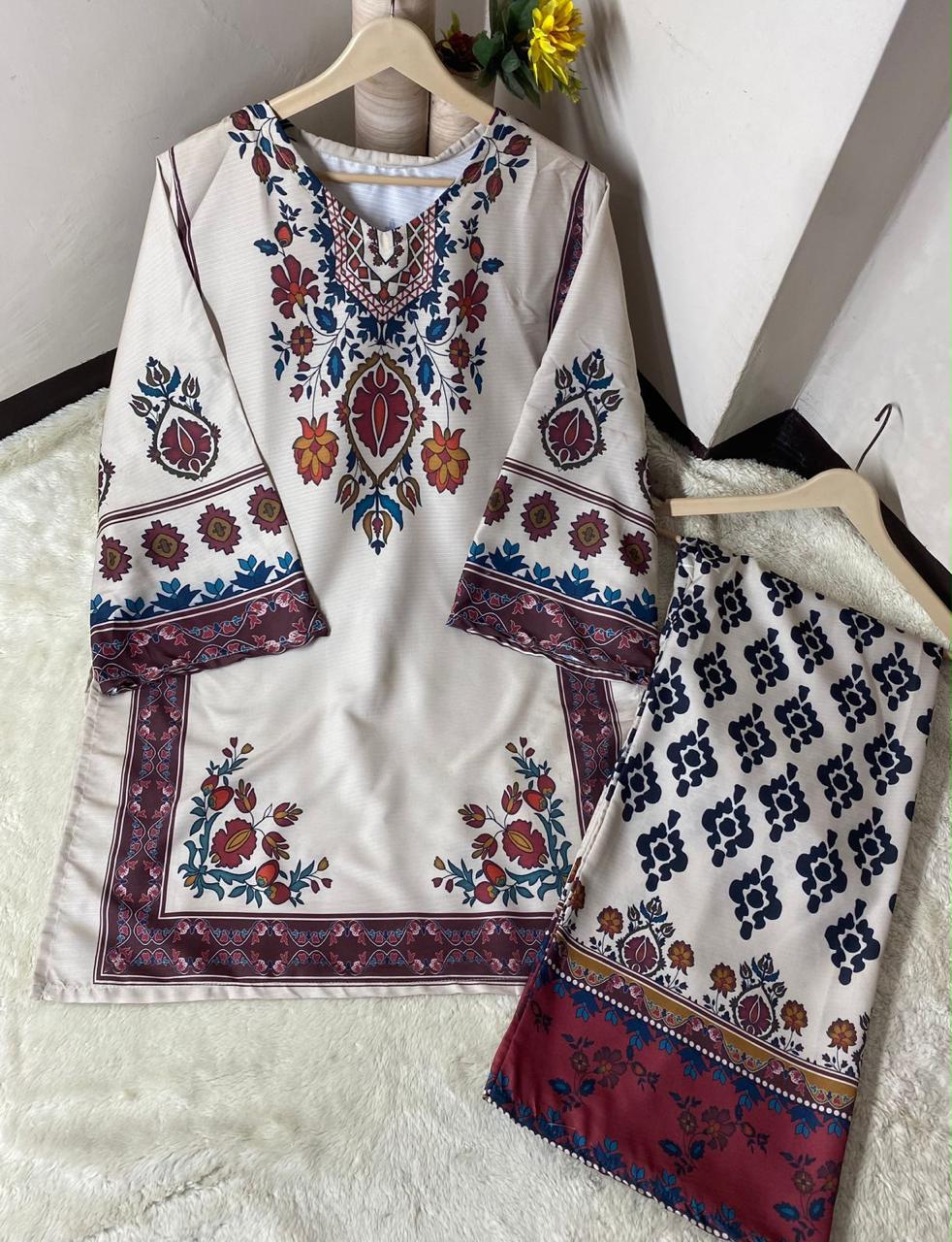 Readymade Digital Printed Doria Lawn 2-Piece Co-Ord Set – Ivory Fusion