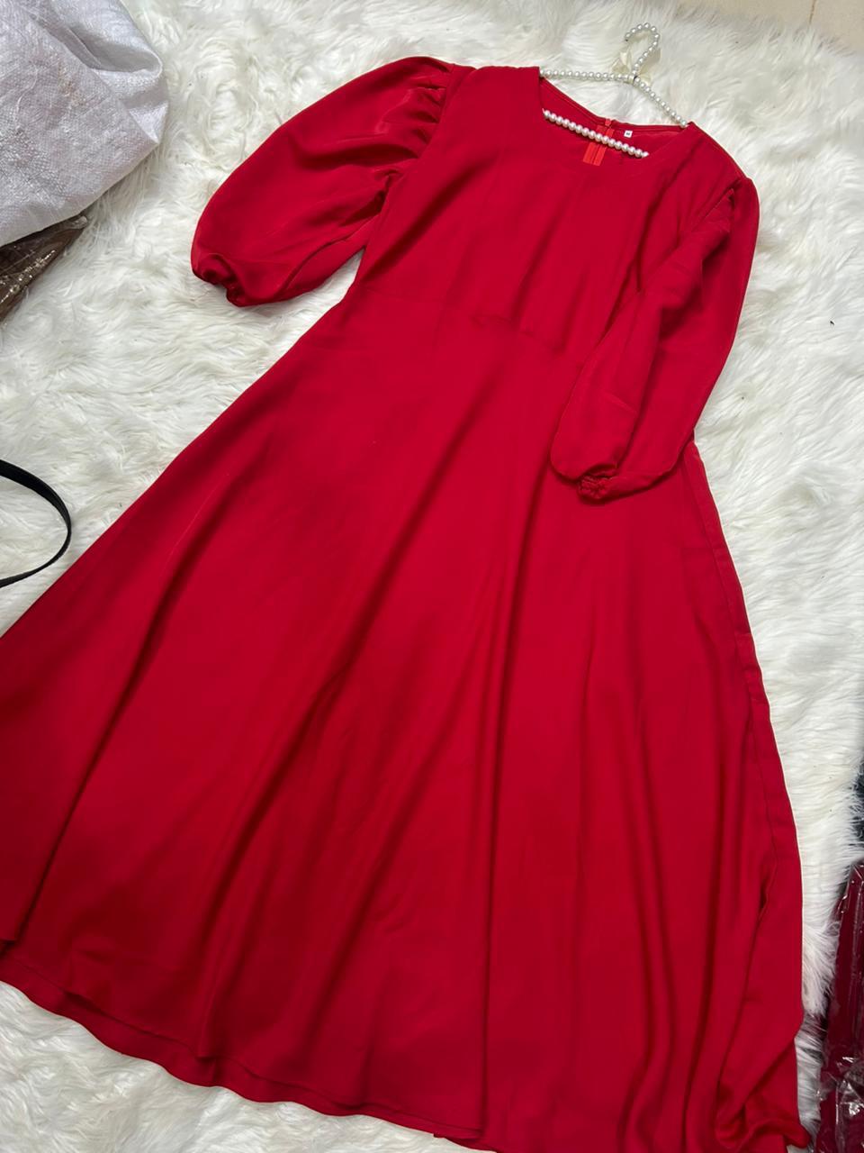 Premium Georgette Balloon Sleeve Maxi Dress - Elegant Flare Frock
