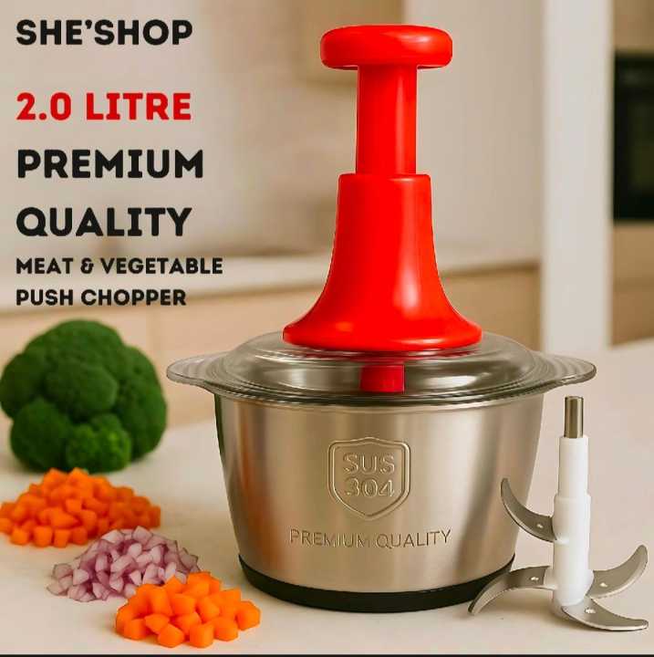 Premium 2.0L Meat and Vegetable Push Chopper with Stainless Steel Bowl - 4 Sharp Blades