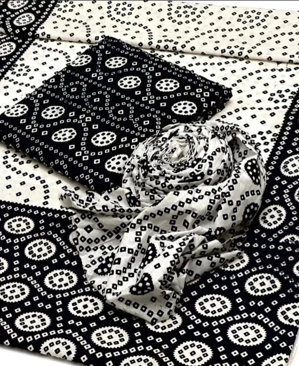 Traditional Black & White Allover Chunri Print Cotton 3-Piece Unstitched Suit | Ethnic Dress Material
