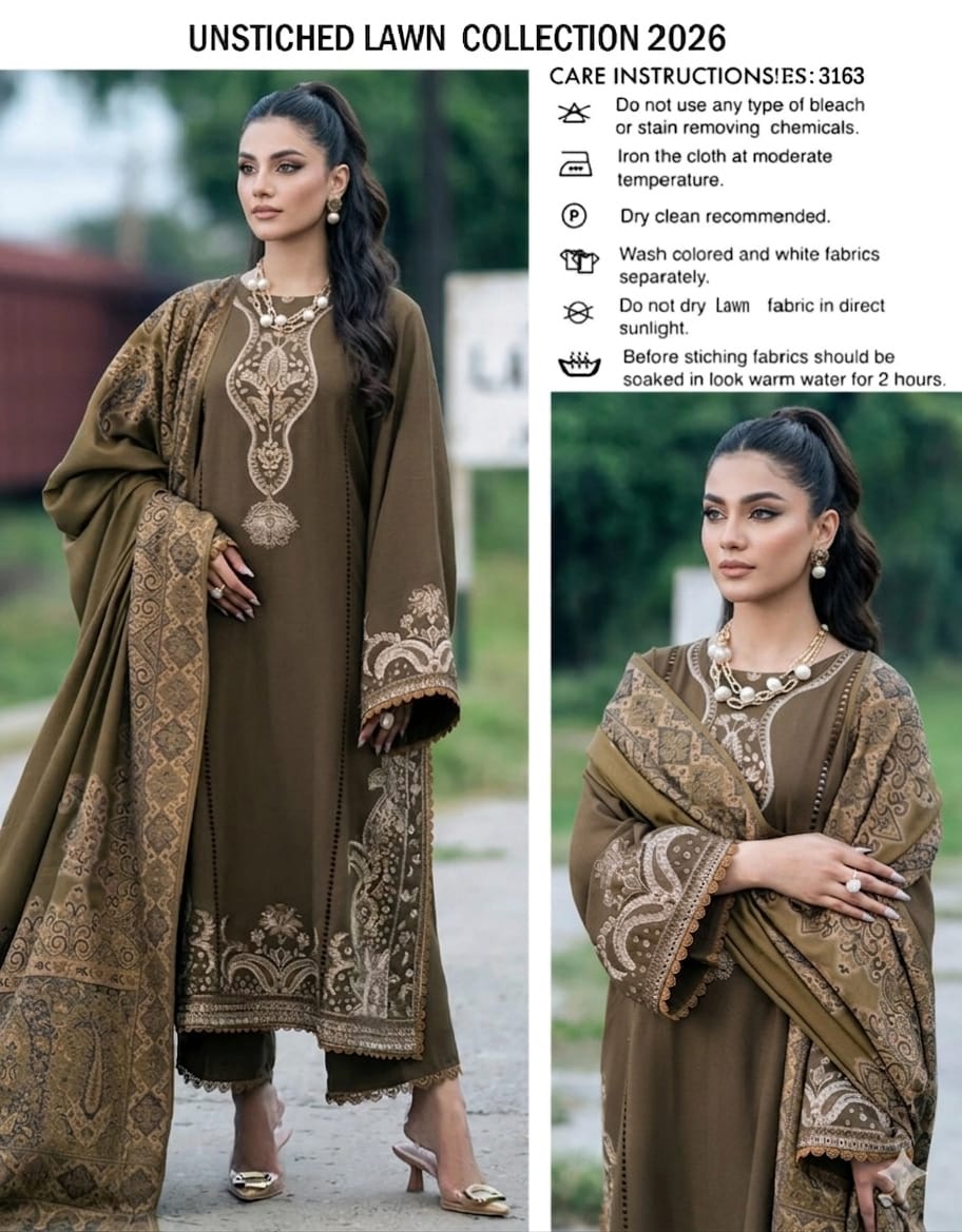 Premium Quality Heavy Embroidered Olive Brown Lawn With Monar Digital Printed Dupatta - Summer Collection 2026