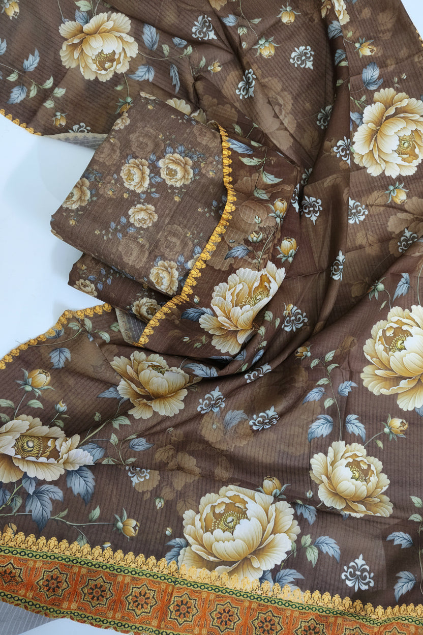 Premium Digital Printed Bana Dora 3 Piece Suit – Soft Swiss Lawn Collection 2026 | Brown Floral