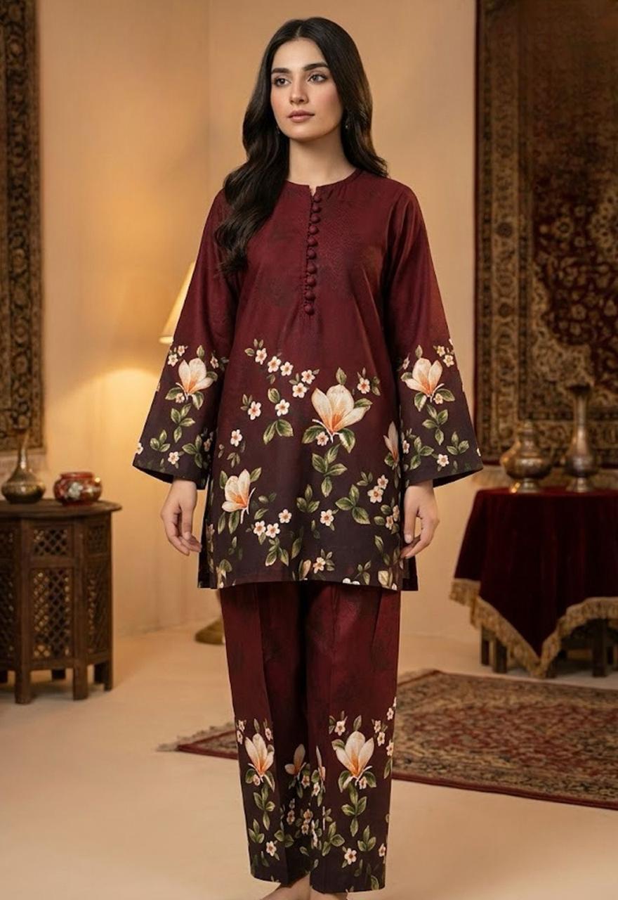 Readymade Digital Printed Doria Lawn 2-Piece Co-Ord Set – Crimson & Charcoal Gradient