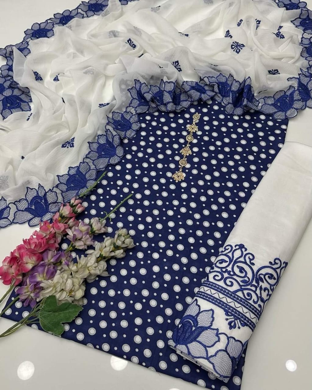 Elegant Polka Dot Cotton Lawn 3pc Suit with Cut-Work Embroidered Chiffon Dupatta