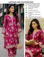 Elegant Embroidered Unstitched Magenta Floral Lawn Dress with Bamber Chiffon Dupatta - Summer Collection 2026