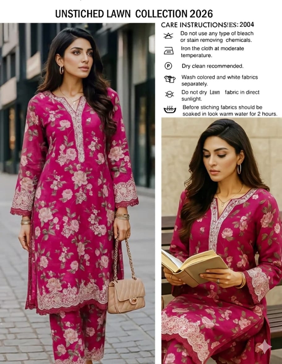 Elegant Embroidered Unstitched Magenta Floral Lawn Dress with Bamber Chiffon Dupatta - Summer Collection 2026